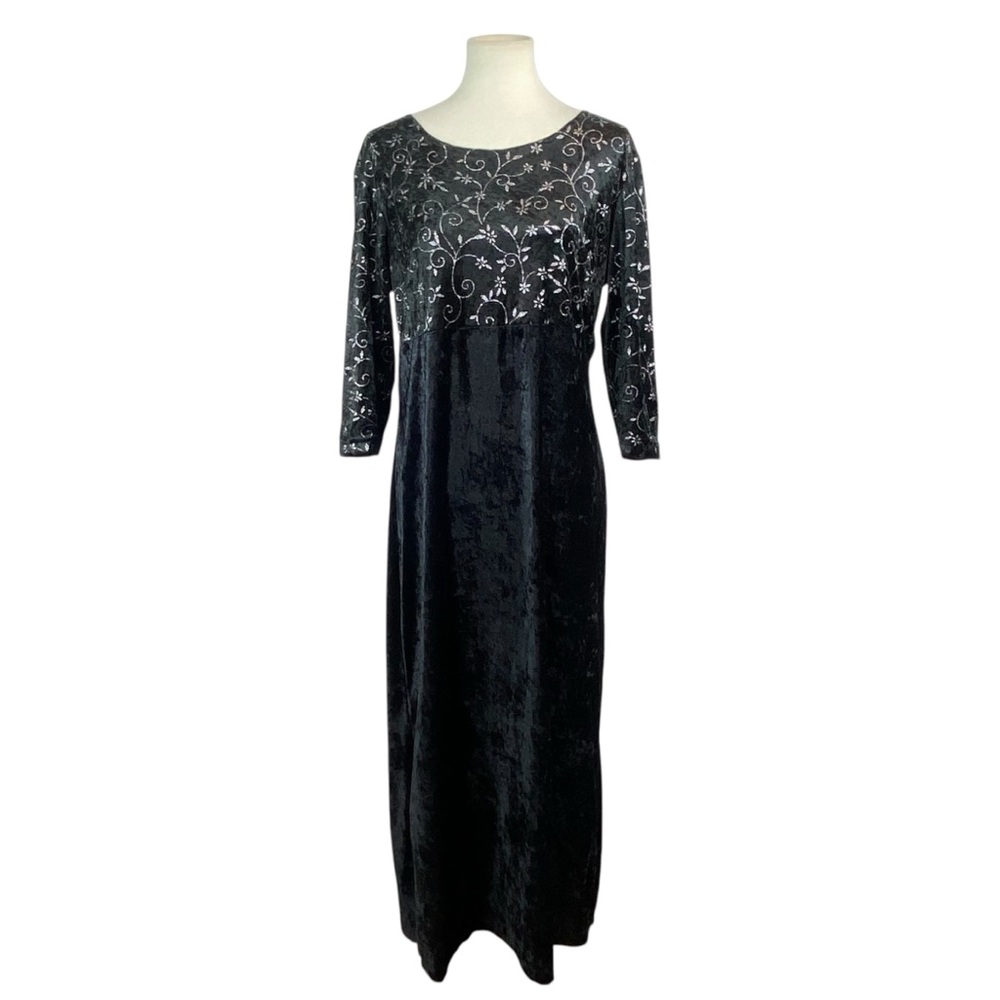 Vintage TR Bentley black velvet dress w/ silver floral pattern dress size L